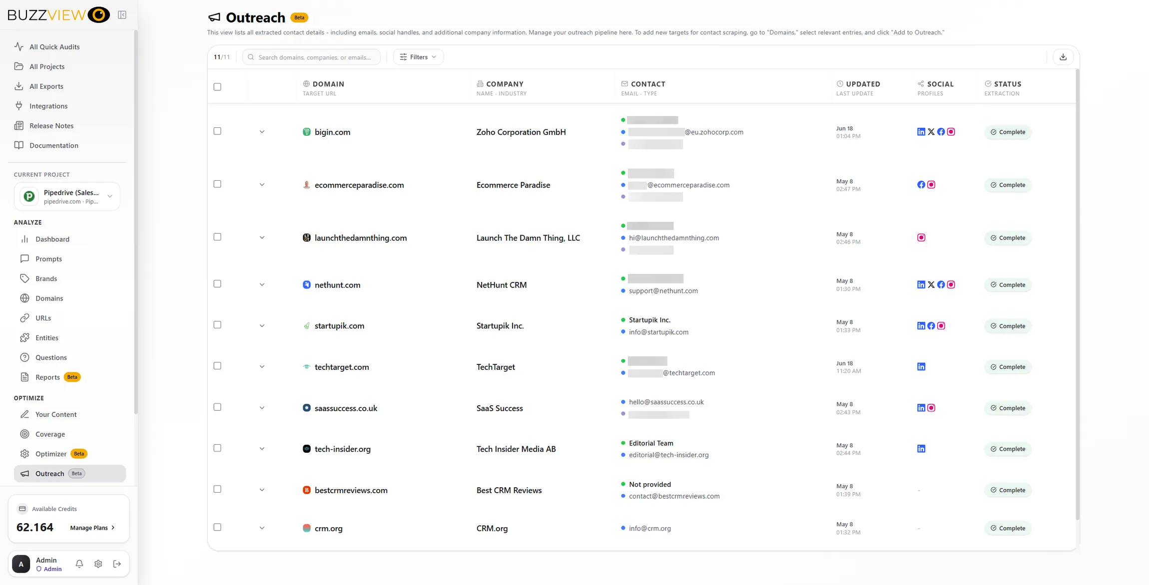 BuzzView Outreach – manage domains and contacts for citation building
